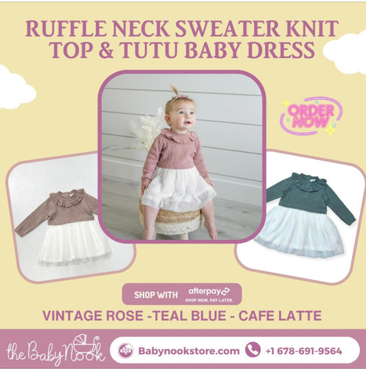 Charm and Elegance Combined: The Ruffle Neck Sweater Knit Top & Tutu Baby Dress from The Baby Nook