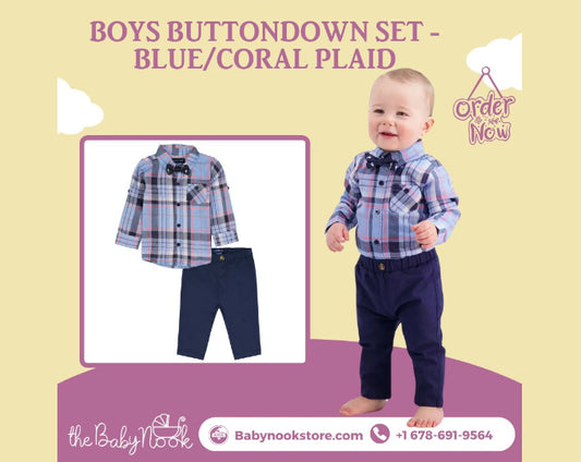 Elevate Your Little Gentleman's Style with Our Boys Buttondown Set in Blue/Coral Plaid!