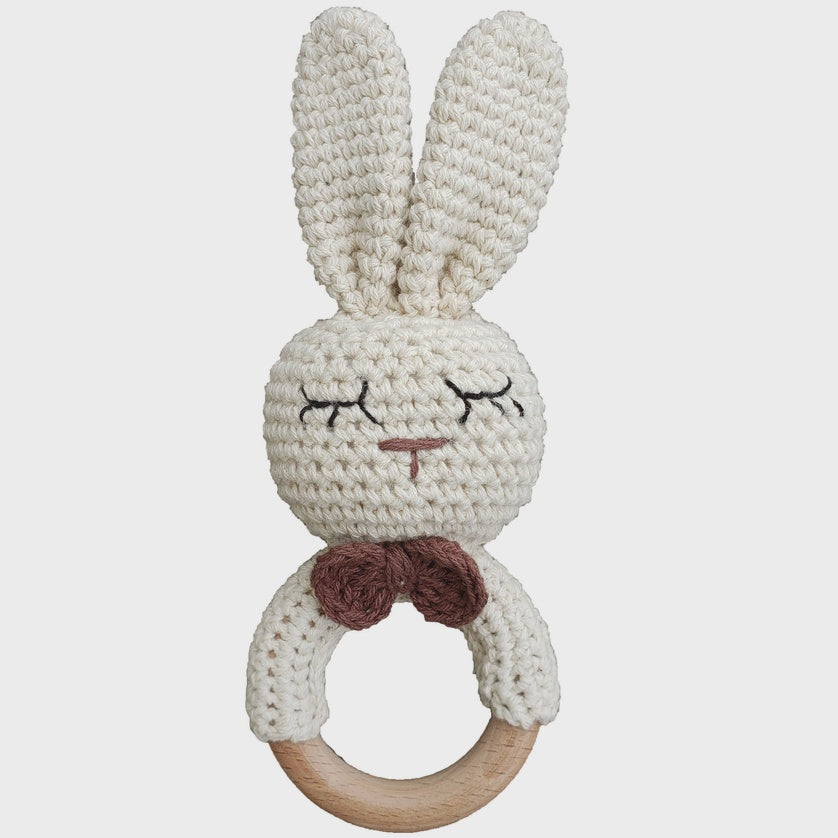 Crochet Bunny Rattle Tan Sleepy