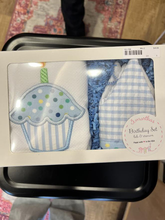 Blue Cupcake Birthday Bib and Crown Set