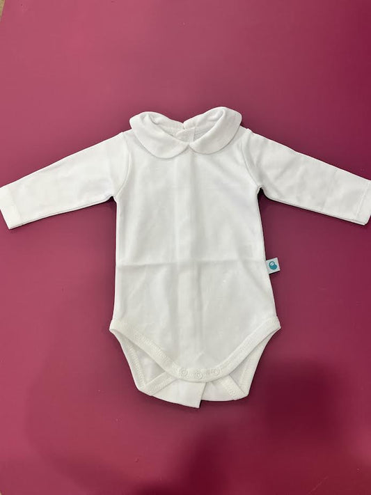 Cotton Bodysuit Onesie for Baby with Herringbone Collar White, Long Sleeve