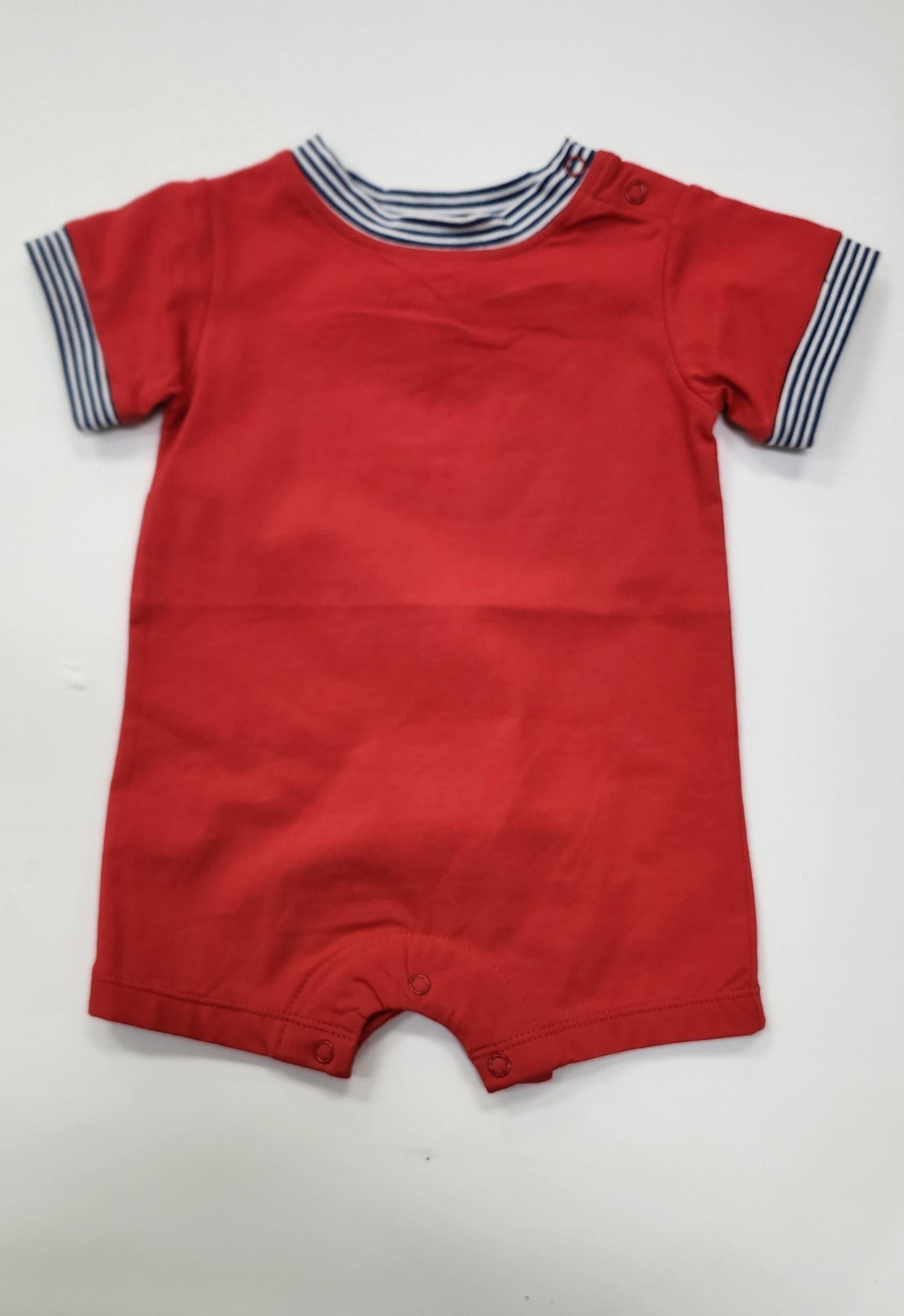 Red Boys Romper W/Navy Stripe 6M