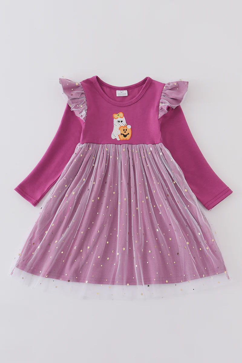 Purple halloween ghost pumpkin applique girl dress