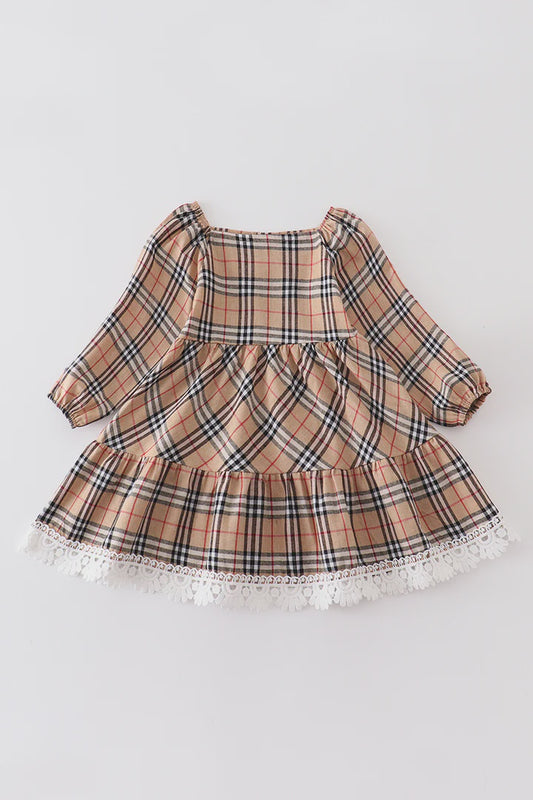 Tan plaid tiered lace dress