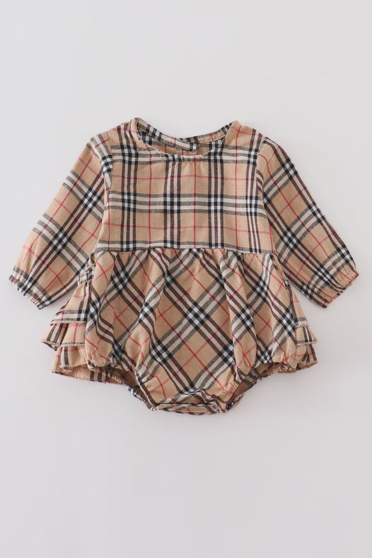 Tan plaid ruffle baby girl bubble