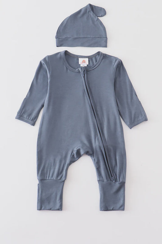 Navy bamboo zipper 2pc baby romper