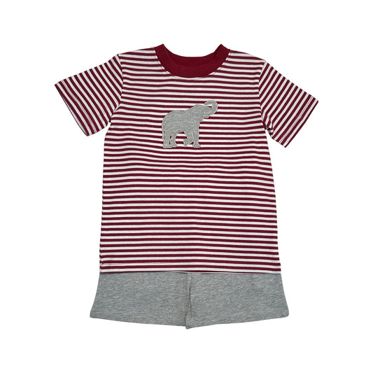 CRIMSON/WHITE STRIPE ELEPHANT APPLIQUE BOY'S SHORTS SET