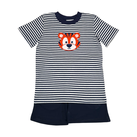 NAVY/WHITE STRIPE TIGER APPLIQUE BOY'S SHORTS SET