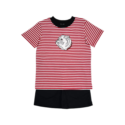 RED/WHITE STRIPE BULLDOG APPLIQUE BOY'S SHORTS SET