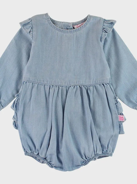 Light Wash Denim Long Sleeve Flutter Bubble Romper