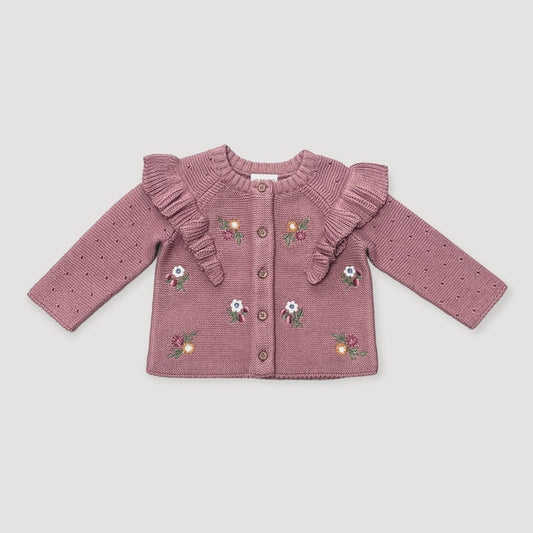 Floral Embroidered Ruffle Chunky Knit Baby Cardigan & Pant Set- Organic