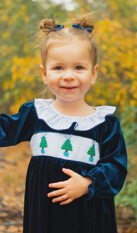 Girls Navy Velvet Smocked Christmas Dress