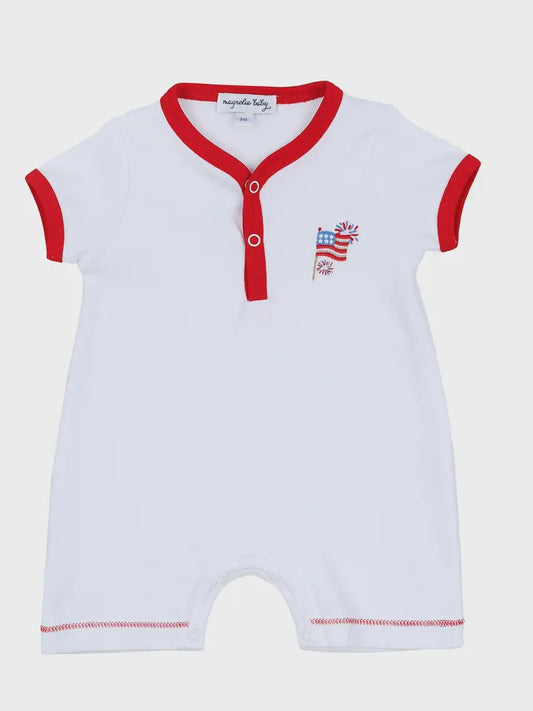 Red Emb Front Snap Short Playsuit