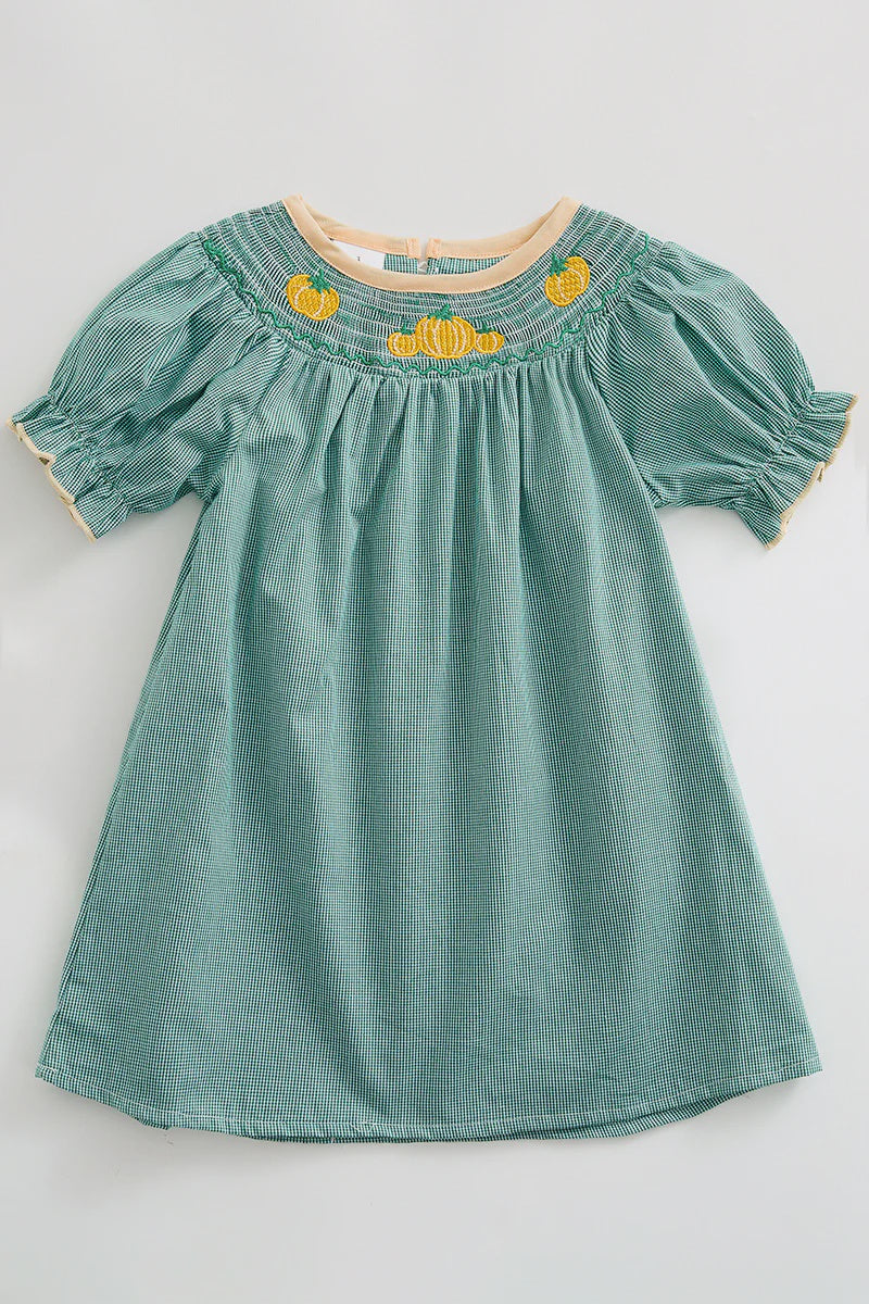 Green pumpkin smocked dress