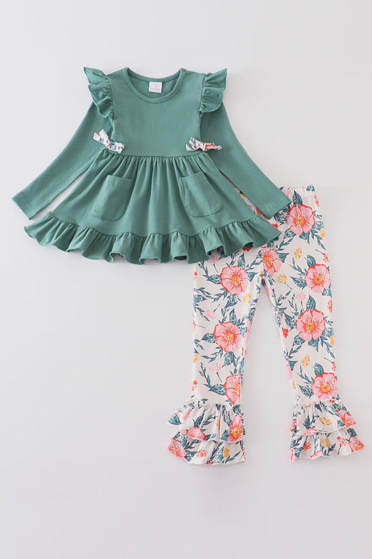 Green floral print ruffle set