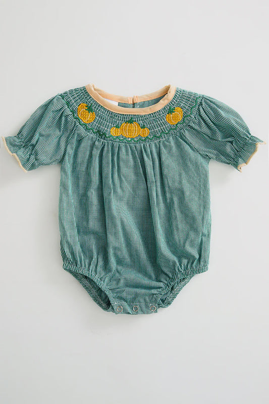 Green pumpkin smocked baby romper