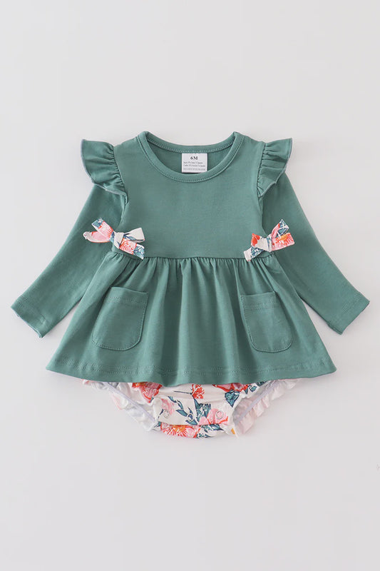 Green floral print baby romper