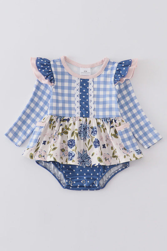 Blue plaid floral ruffle baby girl romper