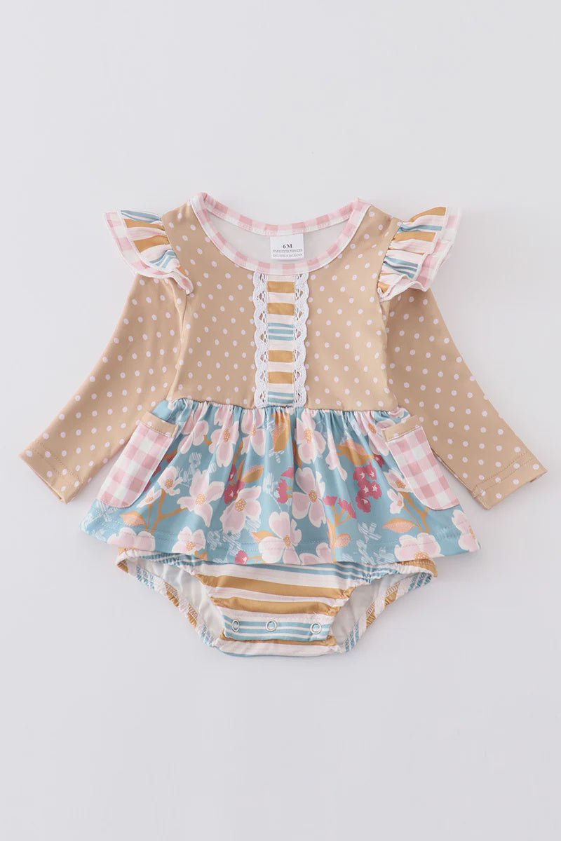 Beige floral print ruffle baby girl romper