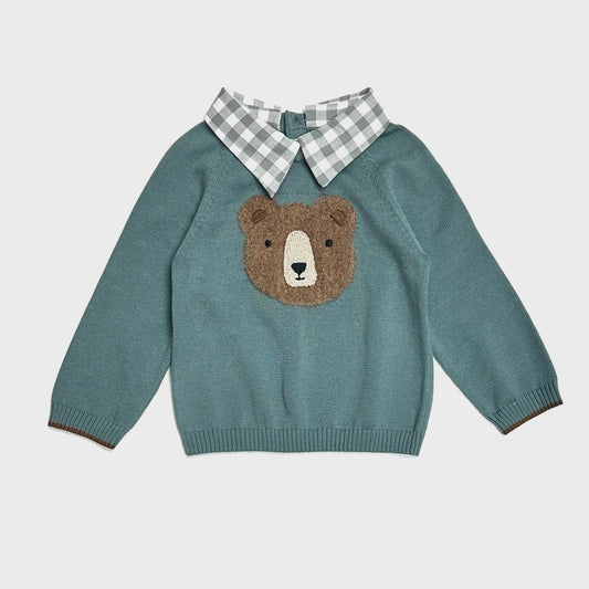 Bear Check Collar Pullover Baby Sweater & Pant Set