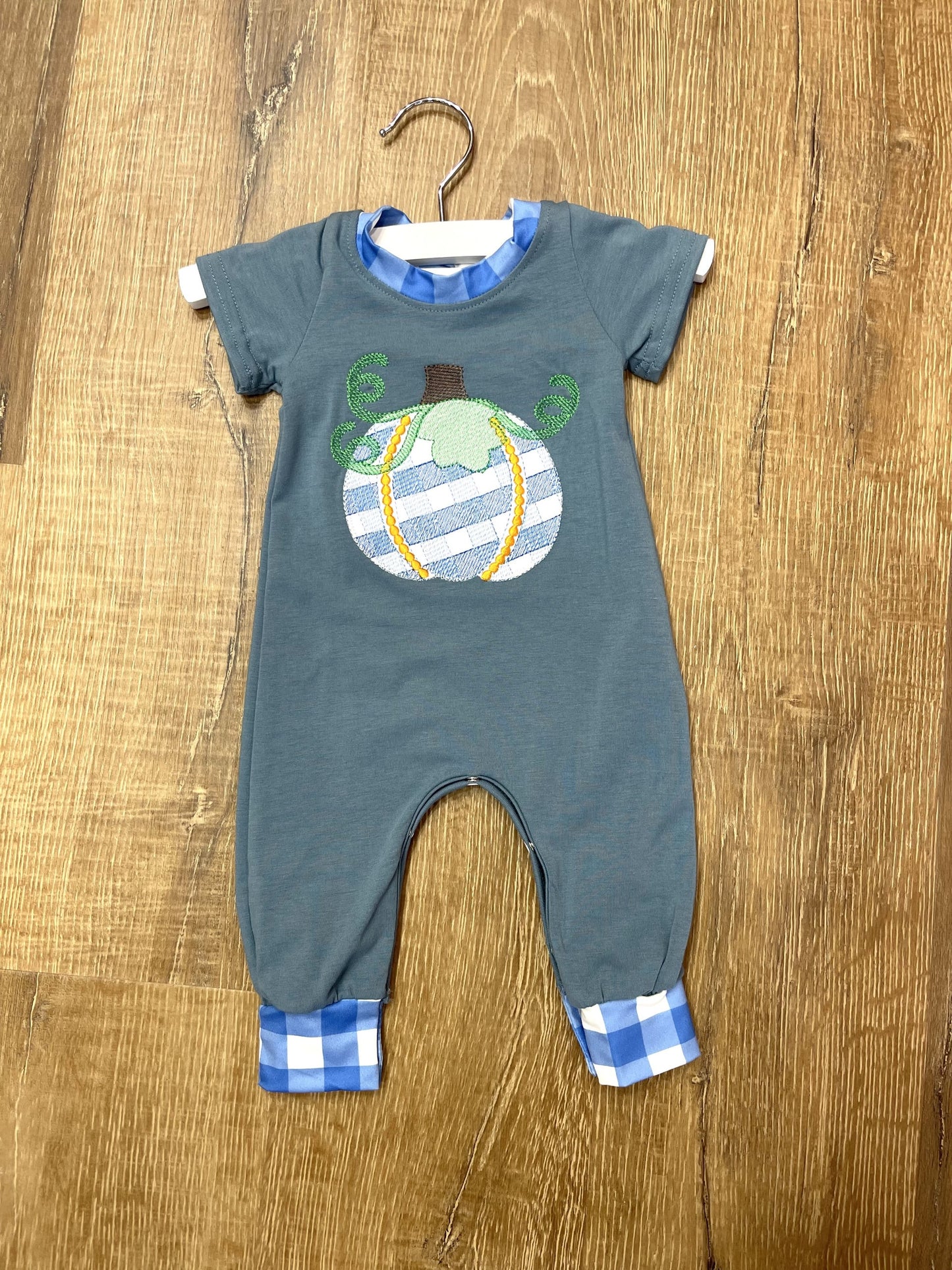 Blue plaid pumpkin embroidery baby boy