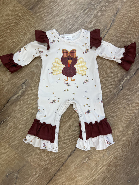 Thanksgiving turkey applique ruffle baby girl romper